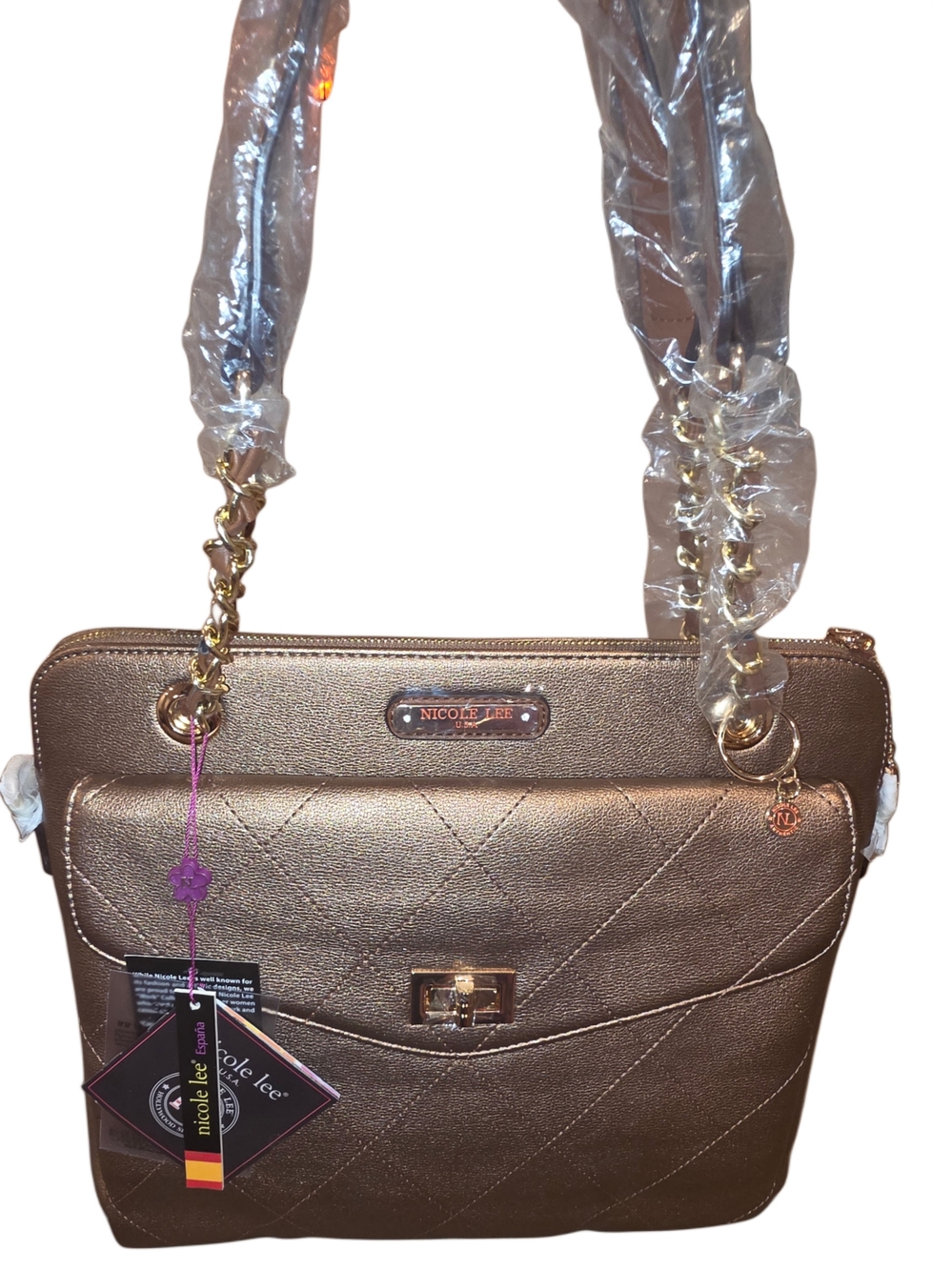 Nicole Lee Metallic Bronze Quilted Shoulder Bag with Gold Chain Strap